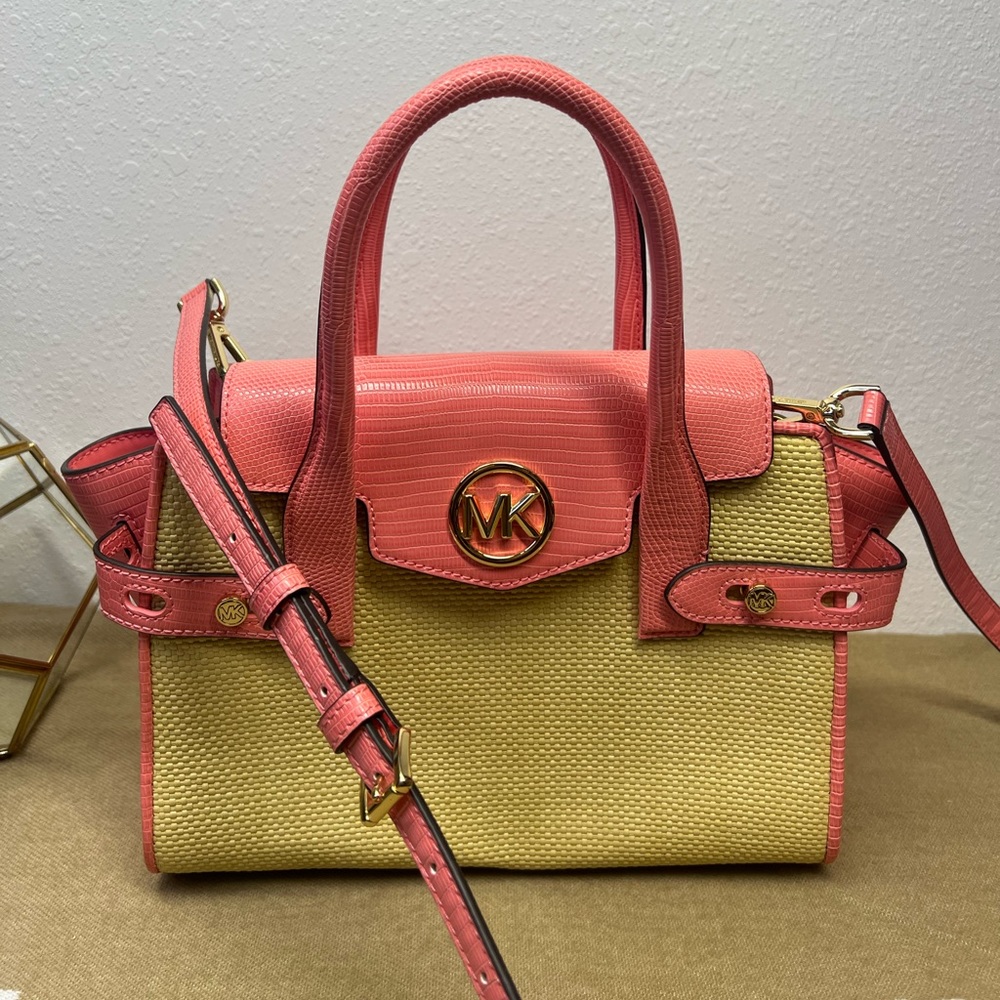 Michael Kors Grapefruit Pink Carmen Satchel Straw Handbag